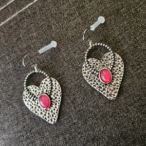 Boutique Textured Silver-Tone Heart-Shaped Earrings w/ Hot Pink Stone